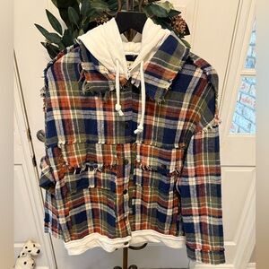 POL Distressed Plaid Lightweight Shacket Jacket with Hood S Oversized